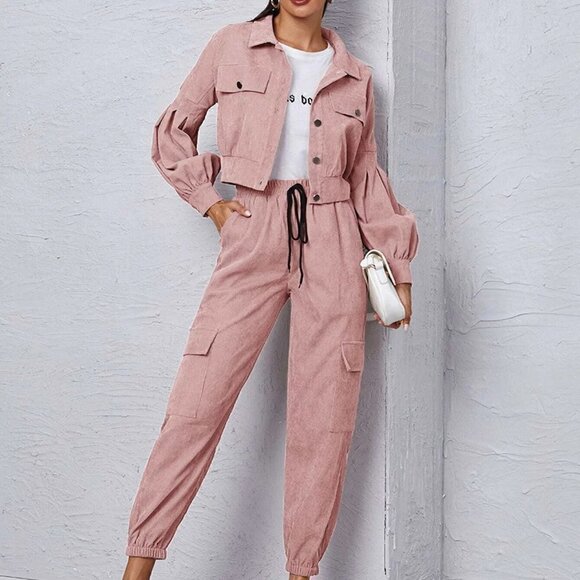 Dusty Pink Boho Womens Corduroy Flap Detail Jacket With Tie Front Cargo Pants - Picture 1 of 5